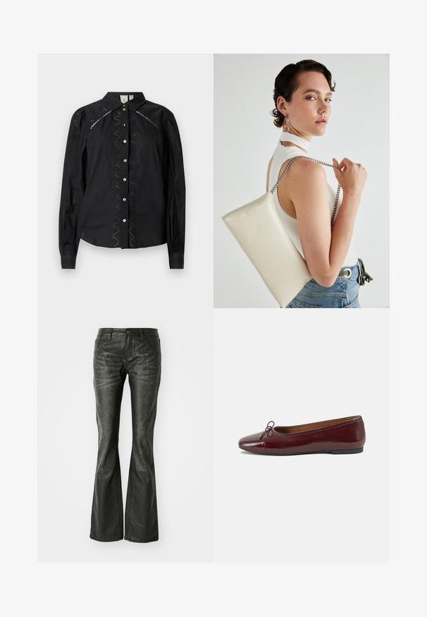 Black button-up shirt featuring long sleeves, embroidered accents along the sides, and contrasting buttons. Crisp fabric with a structured collar.; Black faux leather flared jeans with front pockets, a metal button closure, and a slightly textured surface. Straight leg with a long cut.; Burgundy patent leather ballet flat with a rounded toe, small bow accent at the front, and a low, black rubber sole. Smooth texture.; White rectangular clutch bag made of glossy material, featuring a silver chain strap. Model poses, showcasing the bag against a plain background.