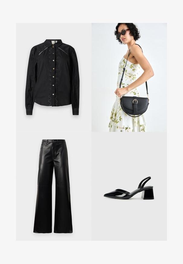 Camicia nera con bottoni, caratterizzata da maniche lunghe, dettagli ricamati lungo i lati e bottoni a contrasto. Tessuto fresco con colletto strutturato.; Pantaloni ampi a vita alta in ecopelle neri con bottone frontale, chiusura con zip, passanti per cintura e tasche laterali su sfondo bianco.; Décolleté in vernice nera con punta affusolata e tacco in geometria cubica. Presentano un design elegante e minimalista, con una texture liscia.; Borsa a tracolla nera in pelle con una forma curva, manico rimovibile e accessori dorati. La borsa presenta una patta con un dettaglio a fibbia.