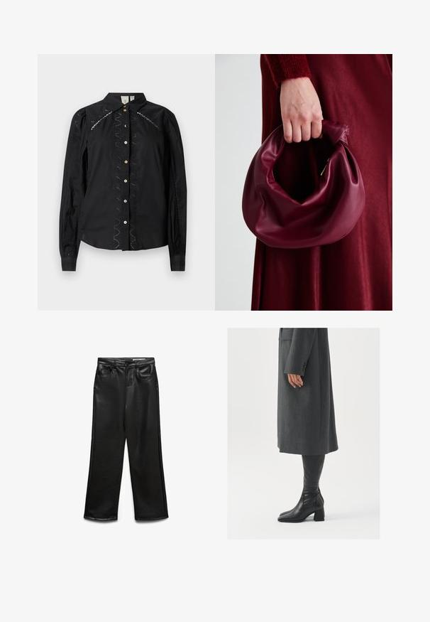 Camicia nera con bottoni, caratterizzata da maniche lunghe, dettagli ricamati lungo i lati e bottoni a contrasto. Tessuto fresco con colletto strutturato.; Pantaloni a gamba larga in ecopelle nera con tasche frontali, passanti per cintura e una sottile lucentezza. Texture liscia e vestibilità su misura.; Cappotto grigio su misura con taglio dritto; abbinato a stivali in pelle nera al ginocchio con punta quadrata e tacco grosso.; Borsa in pelle bordeaux con un design morbido e arricciato e una forma arrotondata. Il manico è fissato, mostrando una texture liscia.