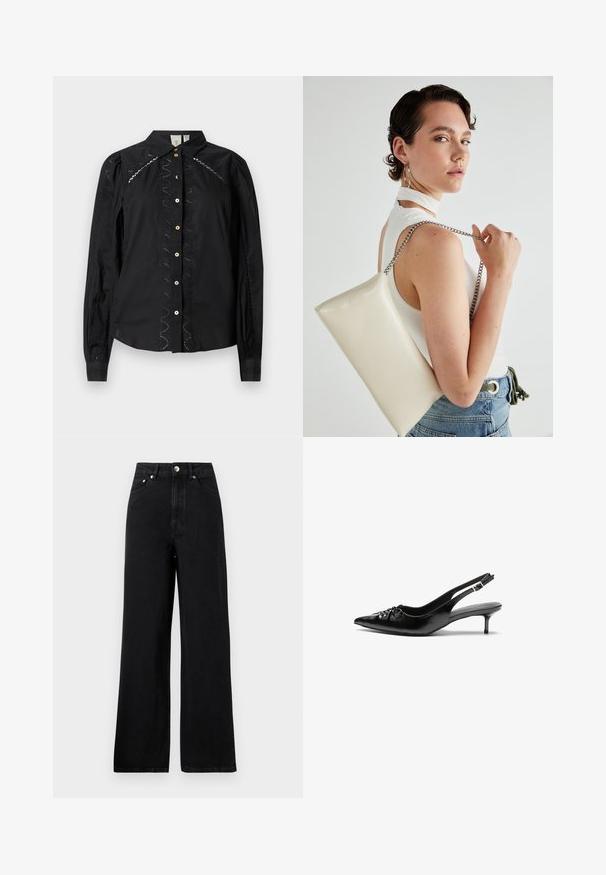 Black button-up shirt featuring long sleeves, embroidered accents along the sides, and contrasting buttons. Crisp fabric with a structured collar.; High-waisted black denim jeans with a wide-leg design, featuring five pockets and silver-tone hardware accents. Smooth texture overall.; Black leather slingback heels with a pointed toe, small kitten heel, and a decorative knot detail on the front. Smooth texture throughout.; White rectangular clutch bag made of glossy material, featuring a silver chain strap. Model poses, showcasing the bag against a plain background.