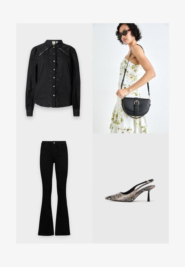 Camisa preta com botão, featuring mangas longas, detalhes bordados ao longo dos lados e botões contrastantes. Tecido fresco com colarinho estruturado.; Jeans pretos de cintura alta com fecho de botão e zíper, bolsos frontais e pernas largas dispostos em cima de um fundo branco.; Sapatos slingback de bico fino feitos de material texturizado com padrão de cobra, apresentando um salto preto esguio e um design recortado nas laterais.; Bolsa de couro preta com forma curva, alça destacável e detalhes em dourado. A bolsa possui uma aba com detalhe de fivela.