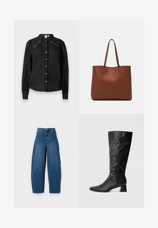 Camicia nera con bottoni, caratterizzata da maniche lunghe, dettagli ricamati lungo i lati e bottoni a contrasto. Tessuto fresco con colletto strutturato.; Jeans in denim con un lavaggio blu medio, caratterizzati da una vita alta, una gamba larga e un design a cinque tasche standard con dettagli di cucitura visibili.; Stivale in pelle nero a metà polpaccio con punta affusolata e tacco quadrato su sfondo chiaro uniforme.; Borsa tote in pelle marrone con texture liscia, design con apertura superiore e due spallacci. Presenta cuciture minime e nessun hardware visibile.