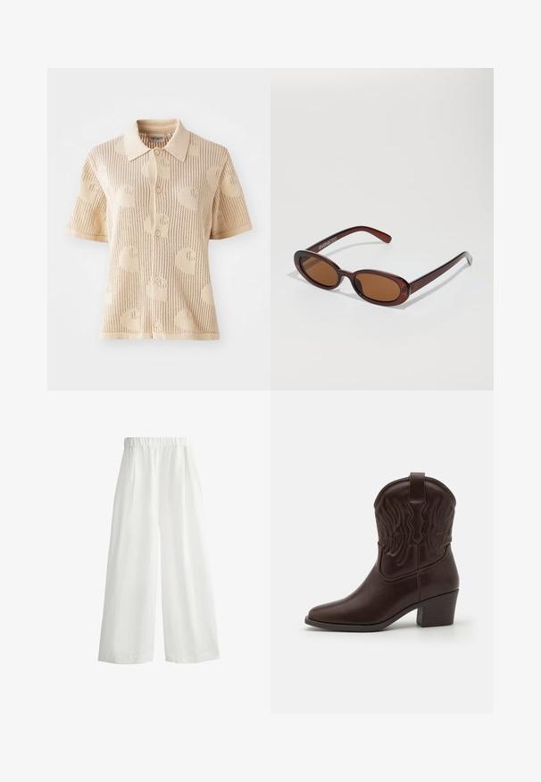 Knit polo shirt in beige with short sleeves, featuring a patterned texture and five button closure. Lightweight with a breathable design.; White, wide-leg pants with an elastic waistband, featuring front pleats and a lightweight, textured fabric.; Brown leather cowboy boots featuring pointed toes, embossed wing patterns, a mid-height block heel, and a pull tab at the back.; Round, brown-tinted sunglasses with a glossy burgundy frame. Slim arms with subtle branding detail. Flat lens design.