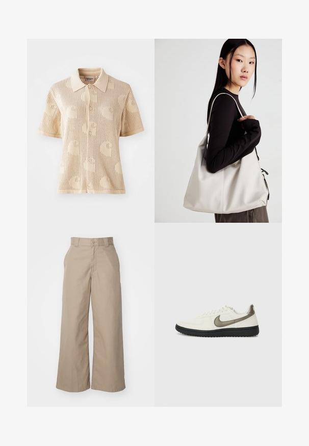 Polo en tricot beige à manches courtes, présentant une texture à motif et une fermeture à cinq boutons. Léger avec un design respirant.; Pantalons larges beiges en mélange de coton, dotés d'une taille haute, d'une conception structurée et de poches avant.; Nike Sportswear FIELD GENERAL - Baskets basses - off-white/black; Sac à main beige en matériau souple, avec un design décontracté, des détails cousus et deux poignées. Idéal pour un usage quotidien.