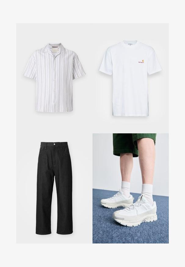 Camisa de manga corta hecha de tejido ligero, con rayas verticales blancas y beige, un cuello y cierre de botones en la parte delantera.; Camiseta de algodón blanca de manga corta. Diseñada con un pequeño logotipo naranja y marrón en el lado izquierdo del pecho. Presenta un cuello redondo clásico.; Pantalones de mezclilla negros con un corte relajado, cintura alta, cierre de cremallera y diseño de cinco bolsillos. Costuras visibles que realzan el diseño.; Zapatillas deportivas blancas con superposiciones texturizadas, una suela gruesa y acentos grises. Llevadas con calcetines blancos hasta la pantorrilla y pantalones cortos verdes sobre una superficie azul.