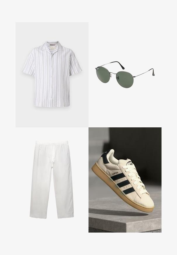 Camicia a maniche corte realizzata in tessuto leggero, con righe verticali bianche e beige, colletto e chiusura con bottoni davanti.; Pantaloni bianchi in lino con cintura elastica e cordoncino, design a gamba ampia e cuciture pulite. Texture liscia con vestibilità casual.; Sneaker in suede beige con tre strisce blu scuro, lacci bianchi e suola in gomma beige. Presenta un logo sulla linguetta e il testo "CAMPUS".; Occhiali da sole con montatura in metallo e lenti verdi ovali. Montatura sottile in metallo argento e terminali neri. Design minimalista, senza loghi visibili.