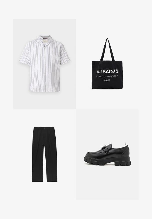 Rövid ujjú ing könnyű szövetből, függőlegesen elhelyezett fehér és bézs csíkokkal, gallérral és gombos elülső résszel.; Fekete nadrág egyenes szárú kialakítással, sima anyagból készült. Elöl redők és egy gombos záródás található a derékon.; Fekete bőrcipő masszív, texturált talppal és díszes pánttal a felső részen. Enyhén magasított sarka van, valamint hátul húzószalag.; Fekete vászontáska, amelyen nagy, fehér szöveg olvasható: "ALLSAINTS", valamint kisebb japán szöveg és "LONDON" felirat az alján. Két hosszú fogantyúval.; Arany színű fém óra fekete számlappal, világító indexekkel és három kis számlappal. Mintázott szíjjal rendelkezik, a közepén pedig a "HILFIGER" logó található.