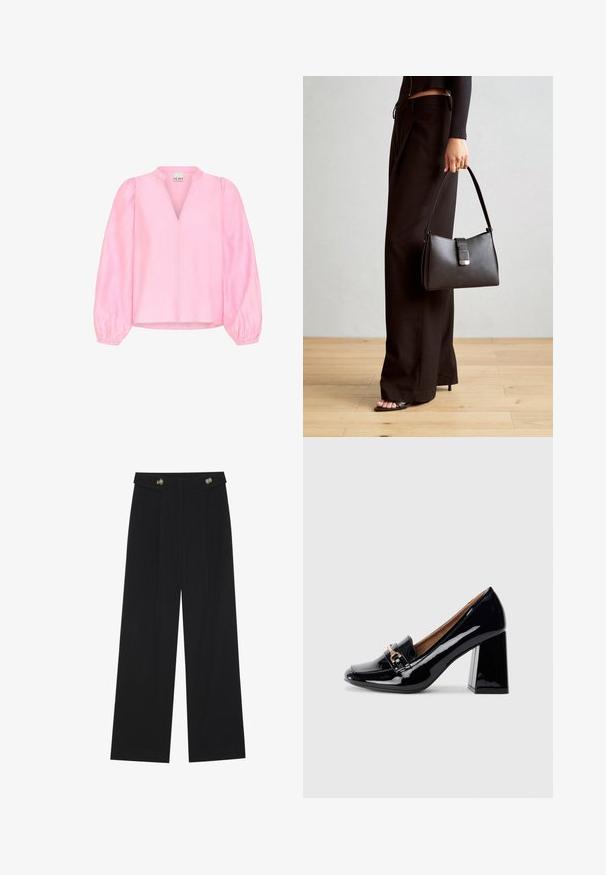Blusa rosa con maniche lunghe a sbuffo e scollatura a V. Realizzata in tessuto leggero con una texture liscia e una vestibilità rilassata.; Pantaloni neri a gamba larga con vita alta, dettagli con bottoni in vita e pieghe frontali.; Scarpa con tacco alto in pelle verniciata nera con punta affusolata e tacco quadrato. Presenta un cinturino decorativo con dettaglio di fibbia sul collo del piede.; Borsa nera con forma strutturata, texture liscia e una chiusura metallica. Abbinata a pantaloni neri larghi e sandali open-toe su un pavimento in legno.
