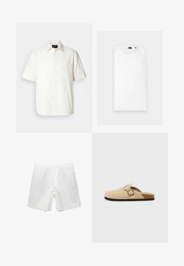 Kurzärmliges, knopfbares Hemd aus offwhite Stoff mit einer Tasche auf der linken Brust und einem klassischen Kragen-Design. Glatte Textur.; Weißes Tanktop aus geripptem Material, mit Rundhalsausschnitt und ohne Ärmel, auf der Vorderseite mit kleinem Markenlogo.; Weiße Baumwollshorts mit elastischem Bund und Kordelzug, Seitentaschen und geradem Schnitt mit sauberen Säumen.; Beige Wildleder-Slipper mit einem Korkfußbett, runder Zehenpartie und einem einfachen Riemen mit einer goldfarbigen Schnalle. Gummi-Sohle für besseren Halt.