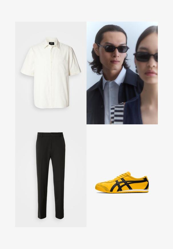 Short-sleeve, button-up shirt in off-white fabric with a pocket on the left chest and a classic collar design. Smooth texture.; Black trousers made of smooth fabric, featuring straight legs, a button closure, and a classic design suitable for formal or casual wear.; Yellow athletic shoe with black accents, smooth leather texture, curved design, round toe, flat white sole, and prominent branding on the side.; Black sunglasses with angular frames worn by a man and woman. The man has a blue and white striped shirt under a dark jacket; the woman wears a dark, patterned top.