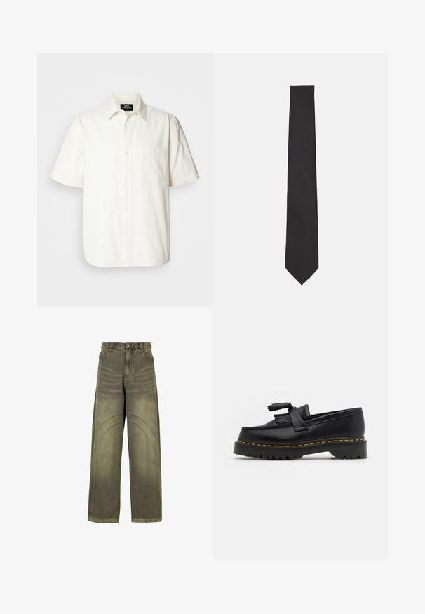 Krátký rukáv, košile na knoflíky v odstínu off-white s kapsou na levém prsu a klasickým límcem. Hladká textura.; Široké džíny v olivově zeleném denimu, s zakřivenými švy, klasickým zapínáním na knoflík a vybledlým vzhledem.; Černé kožené mokasíny s třásněmi, se silnou černou podrážkou a žlutým prošíváním podél okraje. Texturovaný povrch.; Černý motýlek vyrobený z hladké látky, s úzkým, dlouhým tvarem a špičatým koncem, bez viditelných vzorů či akcentů.