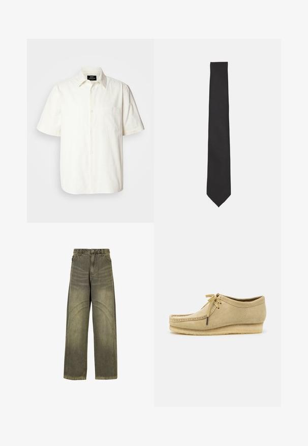 Kurzärmliges, knopfbares Hemd aus offwhite Stoff mit einer Tasche auf der linken Brust und einem klassischen Kragen-Design. Glatte Textur.; Olivengrüne Jeans mit weitem Bein aus Denim, ausgestattet mit geschwungenen Nahtakzenten, klassischen Knopfverschluss und einem verwaschenen Finish.; Beige Wildlederschuh mit Schnürdesign, gestickten Details und Gummisohle. Die Form ist lässig mit einem leichten Keilabsatz.; Schwarze Fliege aus glattem Stoff, mit einer schlanken, verlängerten Form und einer spitzen Spitze, ohne sichtbare Muster oder Akzente.