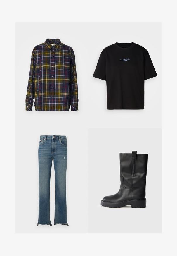 Barbour ELISHAW - Blusa com botões - classic tartan; T-shirt preta de algodão com gola redonda, mangas curtas e logo bordado azul "Calvin Klein JEANS" na parte da frente.; Calças de ganga azuis com ligeiros desgastes, bainhas cruas desfiadas, bolsos frontais, passadores para cinto e fecho com botão.; Botas pretas de couro até ao joelho com um design elegante, apresentando uma sola grossa e uma aba lateral para fácil colocação. Detalhes de costura notáveis.