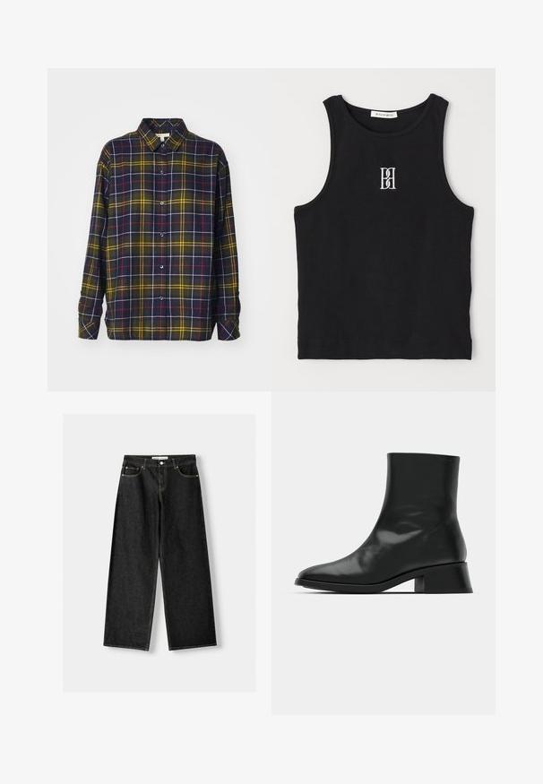 Barbour ELISHAW - Button-down blouse - classic tartan; Black ribbed tank top featuring a round neckline and embroidered logo in white. Fabric has a smooth texture with a fitted shape.; Black denim wide-leg jeans featuring five pockets, metal button and zipper closure, and contrasting yellow stitching along the seams.; Black ankle boot made of shiny leather, featuring a sleek design, pointed toe, and a moderate block heel for stability.