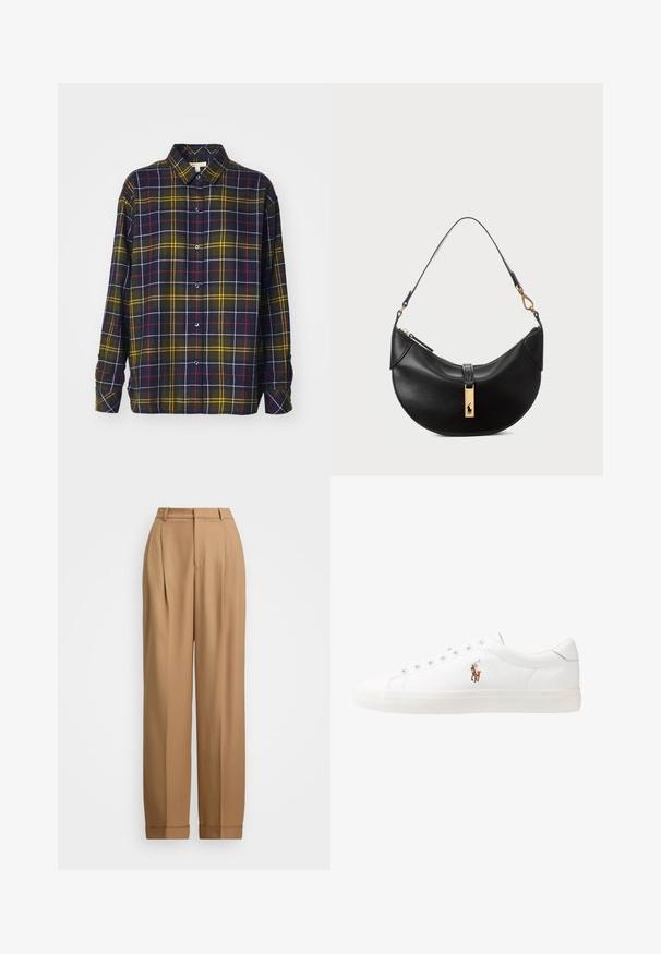 Barbour ELISHAW - Košilová halenka - classic tartan; Beige kalhoty na míru s vysokým pasem, plisovaným předním dílem, zúženými nohavicemi a ohrnutými manžetami. Hladký materiál s jemnou strukturou.; Bílé kožené tenisky, nízký střih, s hladkým povrchem, kulatou špičkou, šněrováním v přední části a malým vyšitým logem na boku.; Černá kožená kabelka ve tvaru půlměsíce. Obsahuje zlaté kovové detaily a úzký popruh. Hladký povrch, zapínání na zip na vrchu.