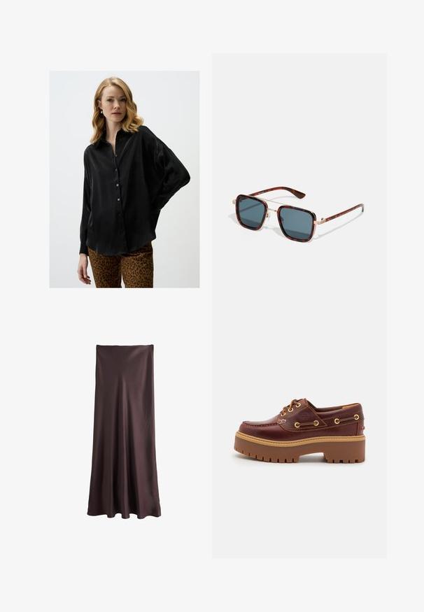 Black, long-sleeve blouse in silky fabric with a buttoned front and relaxed fit. Paired with animal print trousers.; Brown, floor-length skirt made from smooth, lightweight fabric. Features a simple, flowing design with no visible patterns or accents.; Brown leather boat shoe with a chunky brown rubber sole, gold eyelets, and contrast stitching. Features a logo on the side.; Tortoiseshell sunglasses with dark gray lenses, square shape, gold metal accents, and slender temples featuring distinctive striped detailing.