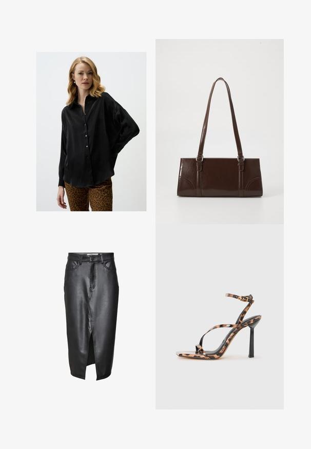 Schwarze, langärmelige Bluse aus seidigem Stoff mit Knopfleiste und lässiger Passform. Kombiniert mit Tierdruck-Hosen.; Schwarzer Lederrock mit mittellangem Design, ausgestattet mit einem Schlitz vorne, klassischen Gürtelschlaufen und genähten Details entlang der Nähte.; Riemchen-Pumps mit quadratischer Zehenform, die ein Leopardenmuster in Brauntönen und Schwarz auf einer glänzenden Oberfläche zeigen.; Braune Lackleder-Handtasche in rechteckiger Form, mit zwei langen Griffen und subtilen, geschwungenen Akzenten auf der Vorderseite.