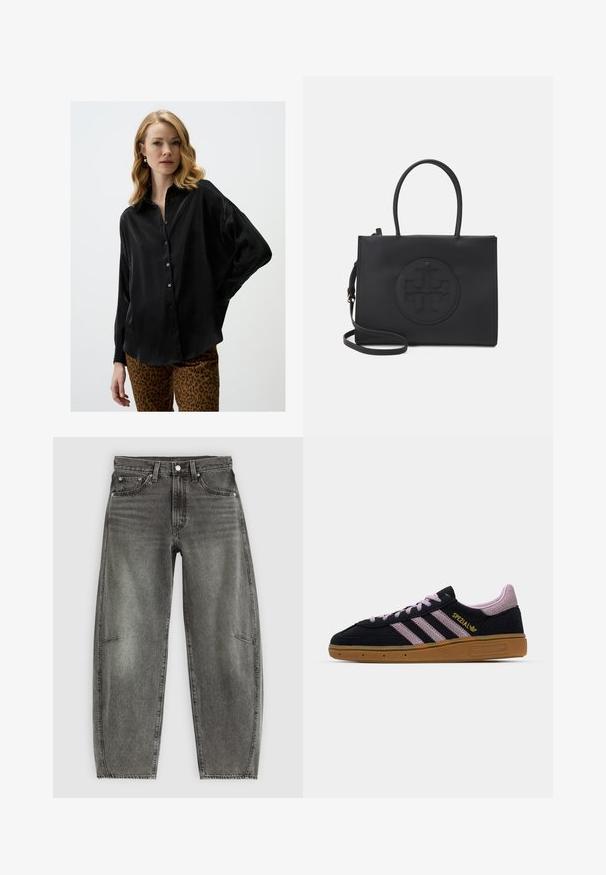 Black, long-sleeve blouse in silky fabric with a buttoned front and relaxed fit. Paired with animal print trousers.; High-waist grey washed denim jeans with five pockets, button closure, and a relaxed straight-leg fit.; Black and pink suede sneaker with rubber sole, three pink stripes, golden "SPEZIAL" branding, and textured gum sole. Low-top design.; Black handbag made of smooth material with dual handles, a detachable shoulder strap, and a round embossed logo detail on the front.
