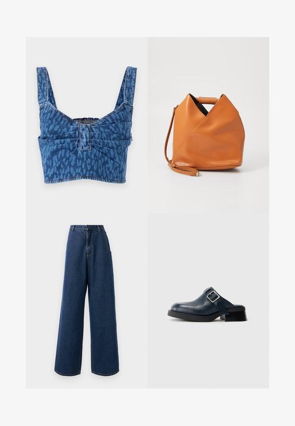 Top cropped de ganga com alças largas, apresentando um padrão de estampa animal azul, costas franzidas e costura exposta ao longo das bordas.; Jeans de perna larga de cintura alta em denim azul escuro, com fecho frontal por botão e zíper, passantes para cinto e bolsos laterais.; Tamanco de couro azul marinho com acabamento texturizado, apresentando uma alça lateral e fivela prateada, assente em um baixo salto preto com sola robusta.; Bolsa de couro castanho-claro com um design único de dobras triangulares, alça superior e alça de ombro destacável, em fundo branco.