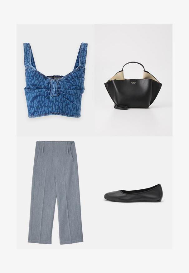 Denim crop top széles pántokkal, kék állatmintás mintázattal, behúzott hátrésszel és látható varrással az élein.; Világosszürke, bőszárú nadrág, texturált anyagból készült, két elülső redővel és két oldalsó zsebbel. Letisztult, igényes dizájn.; Fekete bőr balettcipő lekerekített orral, sima tekstúrával, minimális varrással és rugalmas talp kialakítással.; Ree Projects ANN TOTE MINI - Kézitáska - black