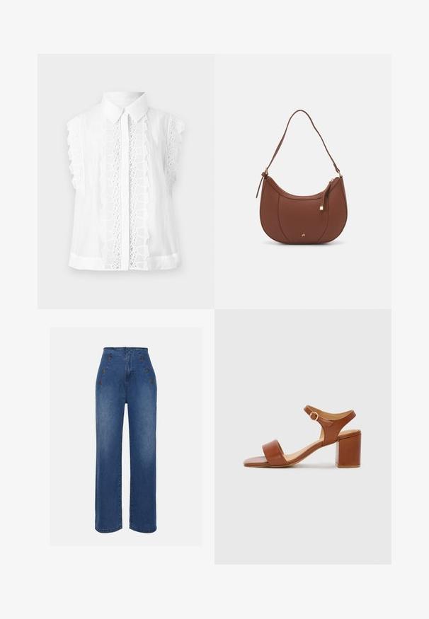 White short-sleeve blouse with a collar, featuring intricate lace trim along the front, subtle texture, and a relaxed fit.; High-waisted denim jeans in medium blue. Features front button accents and wide-leg design. Fabric has a smooth texture with slight fading.; Brown leather heeled sandal with a square toe, adjustable ankle strap, and a block heel. Smooth texture and minimal design features.; Brown faux leather shoulder bag with curved shape, minimal stitching, and a gold-tone hardware accent. Features a top zipper closure and adjustable strap.