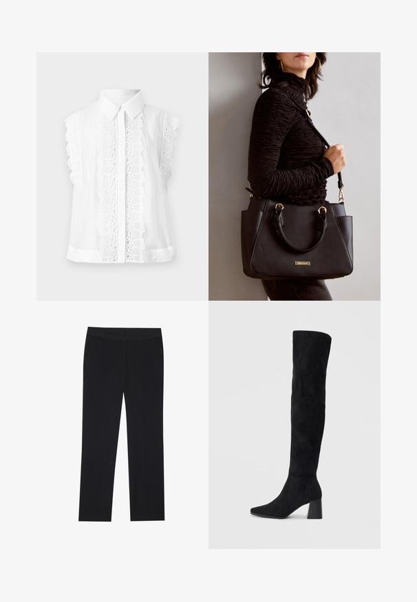 Hvit kortermet bluse med krage, med intrikate blonder langs fronten, subtil struktur, og en avslappet passform.; Sorte bukser med rette ben, med sidelommer og en glat stoffeksur. Minimal detaljer, ren linning.; Sorte semskede knelang støvel med blokk-heelsk, spiss tå og glatt, sømløst design på en ensfarget lys bakgrunn.; Svart håndveske med teksturert overflate, doble topphåndtak og justerbar skulderrem. Har detaljer i gulltone og sidelommer.
