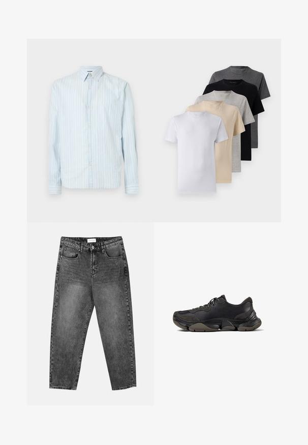 Svetlo modra srajca s gumbom in belimi navpičnimi črtami, klasičen ovratnik, dolgi rokavi in dva gumbna dodatka na rokavih.; Komplet petih kratkih majic s kratkimi rokavi v beli, bež, svetlo sivi, temno sivi in črni barvi. Narejene so iz gladkega bombaža in imajo krojen ovratnik.; Črne jeanse ravnega kroja z sprednjimi in zadnjimi žepi, zankami za pas in gumbom za zapiranje na pasu.; Črne atletske tenisice z strukturiranim podplatom, zgornjim delom iz usnja in semiša, oblazinjenim ovratnikom in vezalkami, prikazane v stranskem profilu.