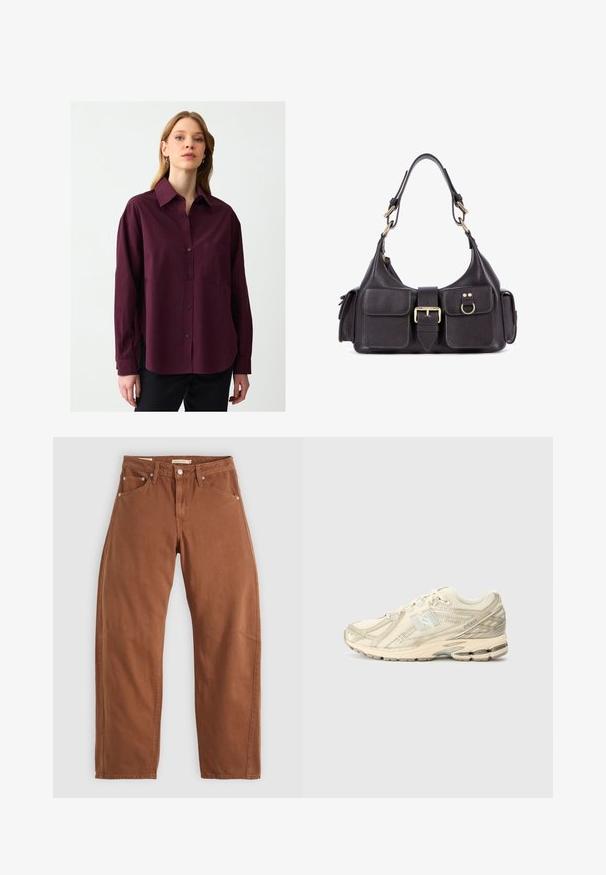 Bordeaux knoopshirt van zachte stof met een kraag, lange mouwen en een borstzak. Bevat zijsplitten en een subtiele textuur.; Roestbruin rechte jeans met voor- en achterzakken, metalen klinknagels, knoopsluiting en riemlussen, plat neergelegd op een witte achtergrond.; Beige sport sneaker met een bovenwerk van mesh, minimale accenten, gestructureerde zool en een subtiele 'N' logo op de zijkant. Lichtgewicht ontwerp voor comfort.; Donkere leren handtas met twee voorvakken, een centrale gesp en hardware in goudkleur. Gladde textuur met een gebogen silhouet.