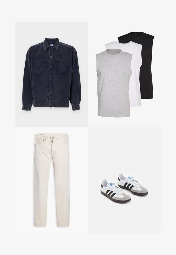 Granatowa koszula z korduroyu z długimi rękawami, dwoma przednimi kieszeniami i zapięciem na guziki. Charakteryzuje się klasycznym kołnierzykiem oraz teksturowanym materiałem.; Trzy bezrękawniki w kolorach szarym, białym i czarnym. Wykonane z miękkiej bawełny, z okrągłym dekoltem i luźnym krojem. Prosty design, bez wzorów.; Beżowe dżinsy o wysokim stanie, slim fit, z zapięciem na guziki, pięcioma kieszeniami i miedzianymi nitami, ułożone płasko na białym tle.; Buty sportowe z białą skórzaną cholewką, szarym zamszowym noskiem i trzema czarnymi paskami. Posiadają niebieskie logo na języku oraz teksturowaną gumową podeszwę.