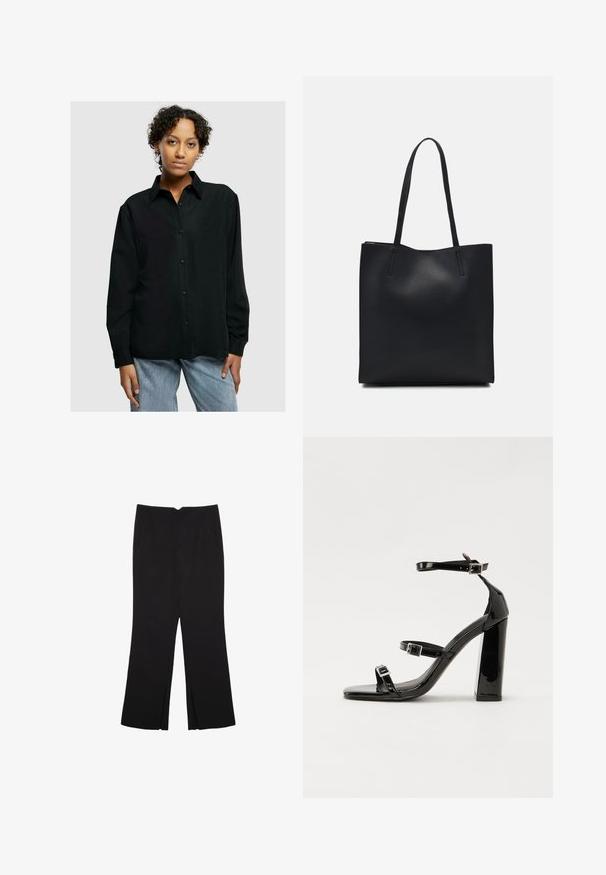 Černá košile na knoflíky s límečkem, dlouhými rukávy, dvěma předními kapsami a volným střihem, spárovaná s světle modrými džíny.; Černé kalhoty s rovným střihem, s předními kapsami a bočními rozparky na lemu. Vyrobené z jemné, hladké tkaniny. Vhodné na různé příležitosti.; Černé lakované sandály na podpatku se čtveratou špičkou, lýtkovými pásky a stříbrnými přezkami. Disponují masivním blokovým podpatkem pro stabilitu.; Černá kožená taška přes rameno s hladkým povrchem, obdélníkovým tvarem a dvěma dlouhými uchy. Žádné viditelné kování ani ozdoby.