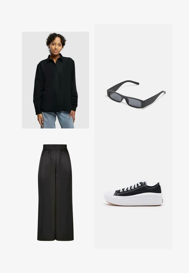 Camicia nera con colletto, maniche lunghe, due tasche frontali e vestibilità rilassata, abbinata a jeans di denim azzurro chiaro.; Pantaloni neri a gamba larga realizzati in un tessuto liscio e lucido, con una vita elastica e senza tasche visibili o dettagli in metallo.; Sneaker nere in tela con lacci bianchi, punta in gomma bianca e una suola intermedia bianca e spessa. Presentano cuciture bianche sottili e una suola in gomma.; Occhiali da sole neri rettangolari con lenti scure e montatura spessa opaca. Le asticelle sono leggermente affusolate con una texture liscia.