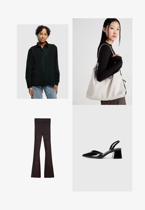 Crna košulja s dugim rukavima, okovratnikom, dva prednja džepa i opuštenim krojem, u kombinaciji s svijetloplavim trapericama.; Bershka Hlače - dark brown; Crne lakirane kožne sandale s otvorenom petom i špicastim vrhom, s geometrijskom blok petom. Imaju elegantan, minimalistički dizajn i glatku teksturu.; Bežna torba od mekog materijala s opuštenim dizajnom, šivanim detaljima i dva remena za rame. Pogodna za svakodnevnu upotrebu.