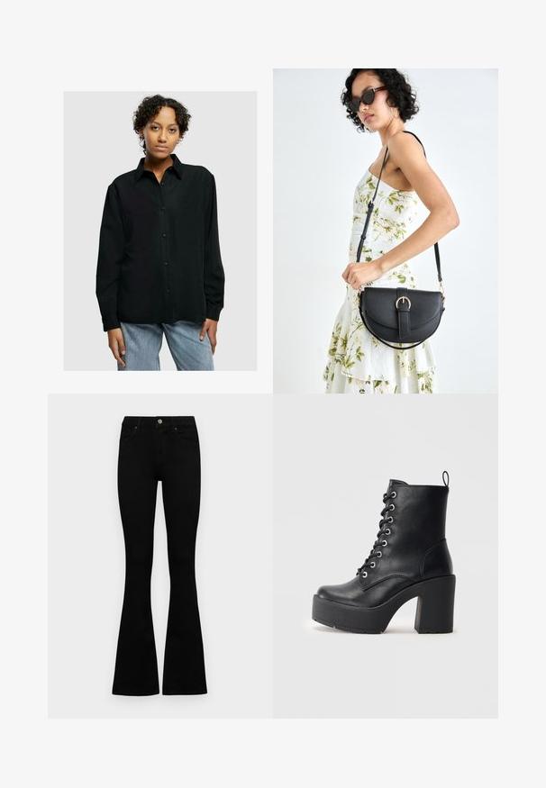 Zwarte button-up shirt met een kraag, lange mouwen, twee voorzakken en een ontspannen pasvorm, gecombineerd met lichtblauwe spijkerbroek.; Zwarte hoge taille jeans met een knoop- en ritssluiting, voorzakken en een flared pijp, plat gelegd op een witte achtergrond.; Zwarte leren enkellaars met een stevige blokhak, vetersluiting aan de voorkant en een gestructureerd oppervlak. Heeft een lipje aan de achterkant voor gemakkelijk aan- en uittrekken.; Zwarte leren handtas met een gebogen vorm, afneembare schouderband en gouden hardware. De tas heeft een klep met een gespsluiting.