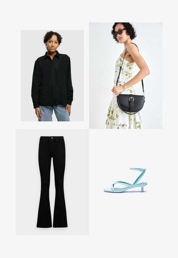 Fekete gombos ing, gallérral, hosszú ujjakkal, két elülső zsebével és laza fazonban, világoskék farmernadrággal párosítva.; Fekete, magas derekú farmernadrág gomb- és cipzárzárral, elülső zsebekkel és harangszárral, laposan egy fehér háttérre terítve.; Világoskék, pántos szandál négyzet alakú orral, alacsony sarokkal, állítható bokapánttal és sima, fényes felülettel. Keresztezett pántok a talprétegen.; Fekete bőrtáska ívelt formával, levehető pánttal és arany színű fémrészekkel. A táskán egy csattal díszített fedél található.