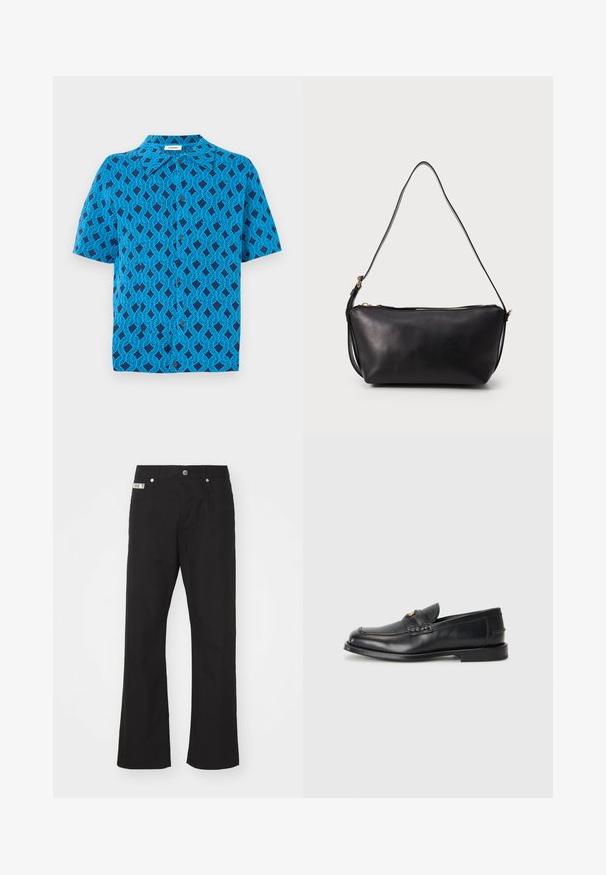 Kraukļveida apkakles īsām piedurknēm krekls, izgatavots no zila auduma ar ģeometrisku rakstu, kurā savienojas līnijas, un priekšējā pogu aizdare.; Melni kokvilnas bikses ar taisnas kājas dizainu, ar priekšējo pogu aizdari, divām sānu kabatām un mazu zīmola etiķeti jostasvietā.; Melnā ādas mokasīni ir ar noapaļotu purngalu, šūšanas detaļām un nelielu zelta akcentu priekšpusē. Zole ir plaka un diskrēta.; Melna ādas plecu soma ar vienu garu regulējamu siksnu un zelta krāsas rāvējslēdzēju augšdaļā, izstādīta uz vienkārša fona.