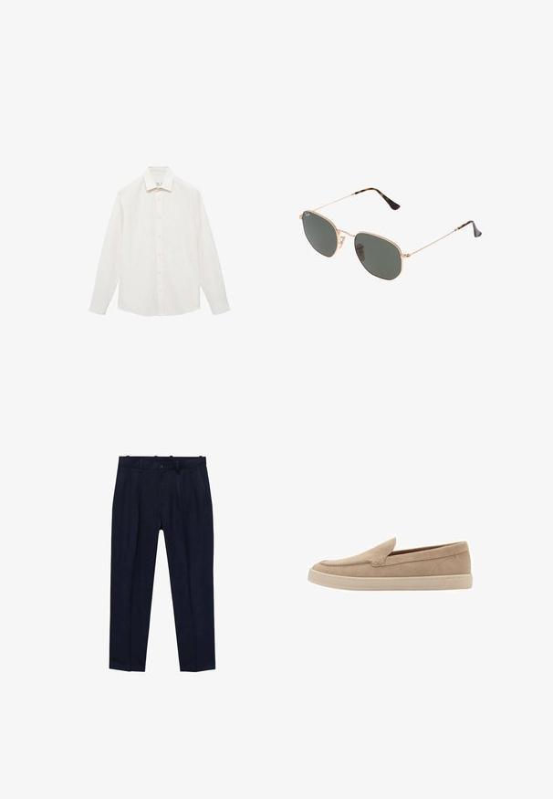 Bjela majica dugih rukava s ovratnikom na gumbe, s suptilnim vertikalnim prugama, prednjim gumbima i blago zaobljenim rubom.; Mornarske hlače od glatke tkanine, s lagano prilagođenim krojem, prednjim naborima, petljama za remen i zatvaranjem na jedan gumb.; Bež suknjaste slip-on cipele s zaobljenim vrhom i šivanim detaljima. Svijetla gumena potplata s niskim dizajnom.; Naočale s metalnim okvirom u zlatnoj boji i tamnozelenim lećama, avijatičarskog stila, sa tankim drškama i kornjačevim naglascima na vrhovima.