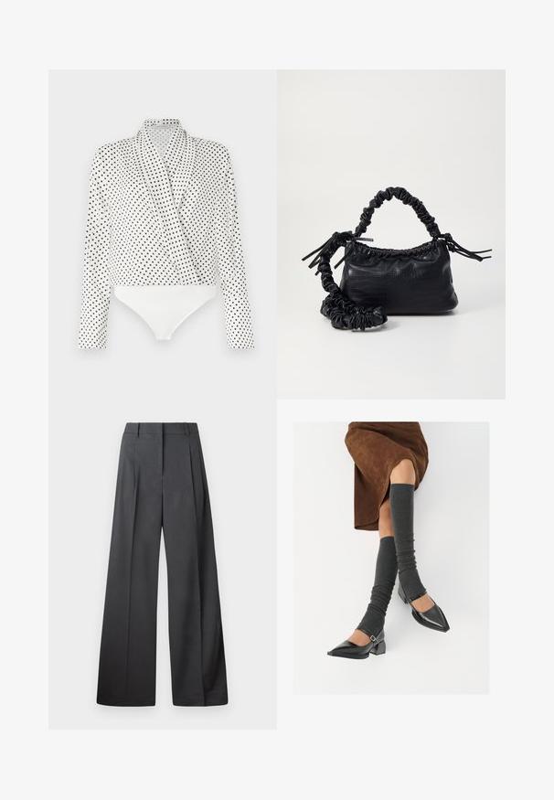 Blusa bianca con pois neri, maniche lunghe e design drappeggiato. Presenta un fondo a body bianco. Tessuto dalla consistenza liscia.; Pantaloni a gamba larga in tessuto grigio scuro, con vita alta, pieghe singole e una texture liscia con una finitura pulita sui orli.; Scarpe nere in pelle verniciata con punta affilata, tacco a blocco e cinturino alla caviglia, abbinate a scaldamuscoli grigi a coste e una gonna in suede marrone.; Borsa a tracolla in ecopelle nera con texture a coccodrillo, apertura cinchata e tracolla arricciata. Si presenta con un design morbido e compatto.