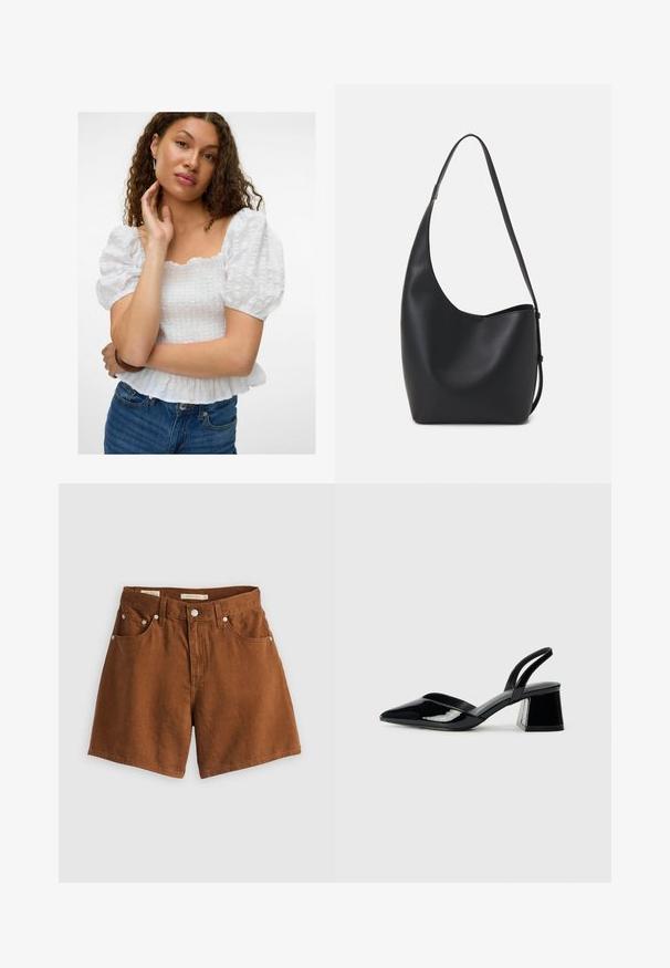 Hvid bluse med pufærmer og firkantet udskæring, tekstureret liv og volang forneden. Parret med højtaljede denim jeans.; Brune denim shorts med fem lommer, frontknaplukning og kobbernitter. Har en lige pasform og blød tekstur.; Sorte patentlæder slingback hæle med spids tå og en geometrisk blok hæl. Har et elegant, minimalistisk design og en glat tekstur.; Sort læder hobo taske med en glat overflade, buet form og en enkelt justerbar rem; har en bred åbning øverst.