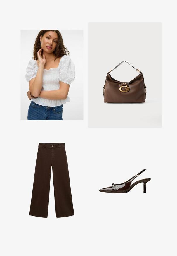 Witte blouse met pofmouwen en vierkante halslijn, met een gestructureerd lijfje en een gerimpelde zoom. Gepaard met hoge taille spijkerbroek.; Bruine wijde broek in katoenmix, met een rafelige zoom, sluiting met een knoop aan de voorkant en een klassieke vijf-pocketstijl. Minimalistisch en veelzijdig.; Bruine gepatineerde leren slingback schoen met een spitse neus, lage hak en een decoratieve strikaccent aan de voorkant. Glad, glanzend oppervlak.; Bruine leren handtas met een textuurafwerking, voorzien van een gouden sluiting en een enkele, gebogen schouderriem.