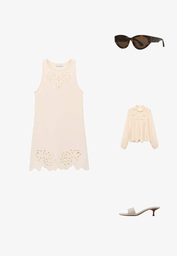 Blouse beige clair avec de longues manches bouffantes, un col volanté et des détails en dentelle au niveau de la poitrine ; tissu doux et fluide avec un design plissé.; Robe sans manches crème avec un design découpé floral à la poitrine et un ourlet en plis. Fabriquée en tissu léger, texture lisse.; Sandale sans talon avec une tige en tissu tissé beige, bout ouvert et semelle intermédiaire en bois courbé. Le design présente une texture lisse et une forme minimaliste.; Lunettes de soleil en forme d'œil de chat en écaille de tortue avec des verres marron, dotées de montures en plastique lisses et brillantes et d'un design élégant. Pas de logos ou d'accent visible.; Sac à main en cuir vert au design structuré, avec des finitions en métal doré, une poignée supérieure et une bandoulière chaîne amovible. Surface texturée avec un fermoir rabat.; Barrette blanche en forme de fleur avec un dégradé jaune clair, dotée d'un mécanisme à ressort et d'une texture en plastique lisse.