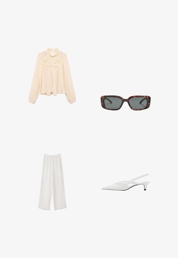 Svetlo bež bluzica z dolgimi napihnjenimi rokavi, nabranim ovratnikom in čipkastimi detajli na prsih; mehkobo, tekoča tkanina z nabranim dizajnom.; Bele široke hlače iz lahkega materiala. Imajo elastičen pas s vrvico in stranske žepe. Gladka tekstura.; Bela slingback peta z ošiljenim nosom, z gladkim zgornjim delom, subtilnimi izrezi in nizkim blok petkom. Črna podplat poudarja dizajn.; Sonce, ki je oblikovana v tortoščkovem vzorcu, ima pravokotne leče, debele okvirje in temne leče. Ima gladko teksturo in minimalističen dizajn.