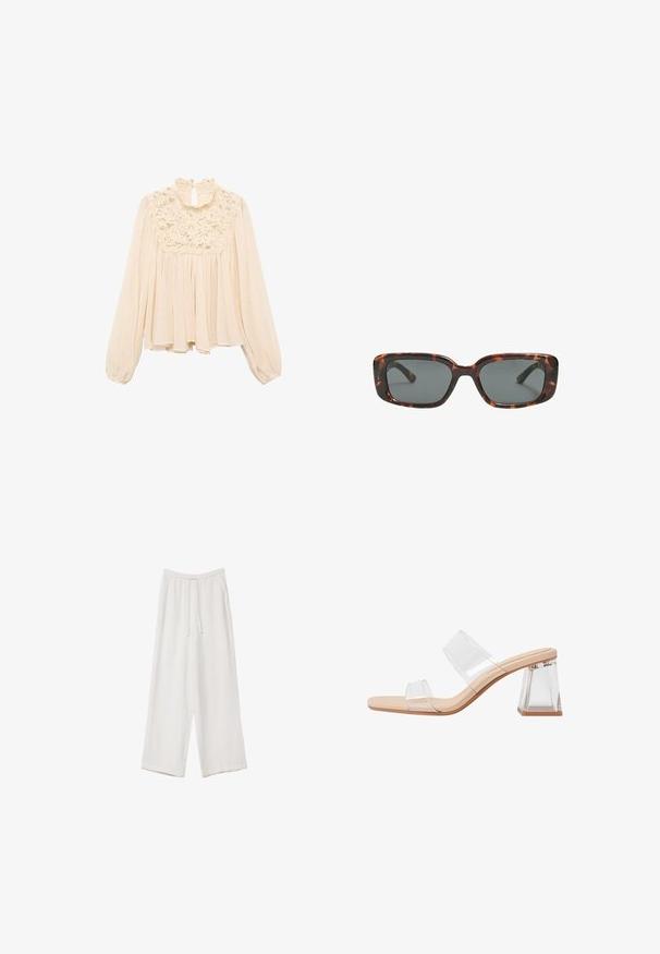 Light beige blouse with long puffed sleeves, ruffled neckline, and lace detailing at the chest; soft, flowing fabric with pleated design.; White wide-leg trousers made from a lightweight fabric. Features an elastic waistband with a drawstring and side pockets. Smooth texture.; Transparent heeled sandals featuring two clear straps, a beige base, and a geometric clear block heel. Minimalist design with smooth texture.; Tortoiseshell sunglasses with rectangular lenses, thick frames, and dark tinted lenses. Smooth texture and minimalistic design.