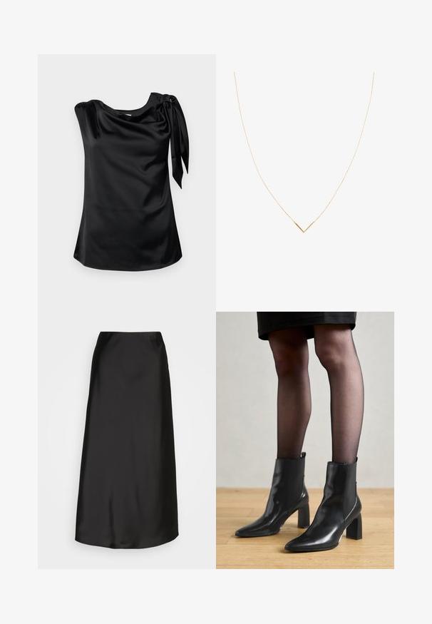 Modström KATJAMD TOP - Bluză - black; Fustă midi din satin negru, cu o textură fină, formă A-line și un luciu subtil. Are un design elegant, simplu, fără embellishments.; Botine negre din piele, cu vârful ascuțit, toc pătrat masiv și un design elegant. Au panouri laterale elastice pentru o îmbrăcare ușoară.; Colier aurit cu un lanț subțire și un pandantiv în formă de V. Design elegant cu o suprafață netedă și lucioasă și detalii minime.
