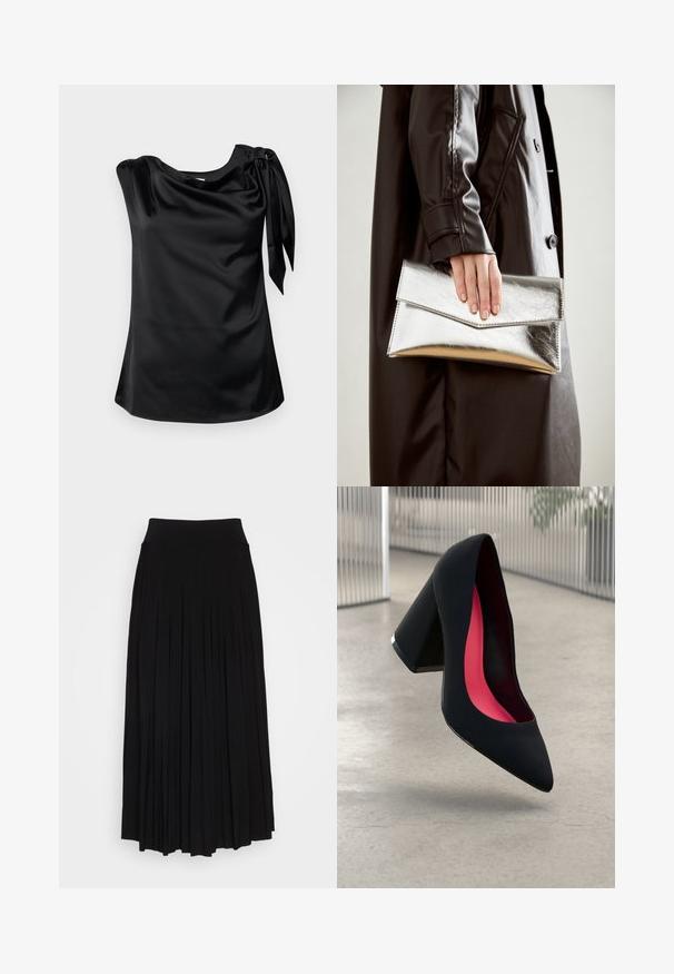 Modström KATJAMD TOP - Blouse - black; Black pleated skirt with a high, stretchy waistband. Made from soft fabric, featuring vertical pleats for a flowing silhouette.; Black high heel shoe with a pointed toe, textured surface, and a vibrant pink interior. Features a chunky heel with silver accent.; Silver metallic clutch with an angular envelope design, smooth texture, and contrasting interior color, held in a hand wearing a black coat.