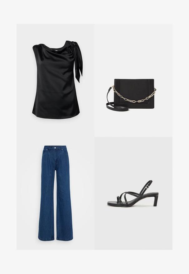 Modström KATJAMD TOP - Blůza - black; Široké modré džínové kalhoty s vysokým pasem, zapínáním na knoflík a zip, a předními a zadními kapsami na jednobarevném pozadí.; Černé sandály na tenkém podpatku se čtveratou špičkou a nízkým blokovým podpatkem. Mají několik tenkých popruhů a nastavitelné zapínání okolo kotníku. Vyrobeny z hladké kůže.; Černá kožená crossbody taška s hladkým povrchem, obdélníkovým tvarem a kovovým řetízkem na přední straně. Součástí je nastavitelný popruh.