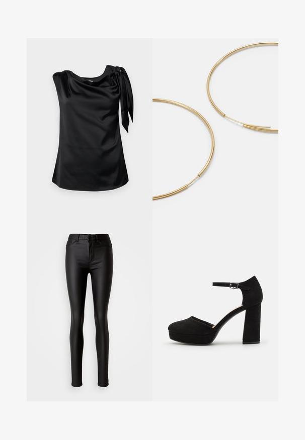 Modström KATJAMD TOP - Pluus - black; Musta kunstnahast kitsad teksad, millel on sile tekstuur, kõrge vöökoht, nööbiga sulgemine ja traditsiooniline viie tasku disain.; Mustad nubukist platvormi kõrged kontsad, millel on paks plokknina, ümmargune varvas ja pahkluu rihm, mis on kinnitatud metallist sanga abil. Ühtlane sile tekstuur.; Kulla värvi nõelad, õhukesed ja ümmargused, millel on sile metallist pind ja ilma kaunistuste või mustriteta.; Must mustra rahakott, millel on voltimisega klapp, kuldne riistvaraga, ning millel on logo aktsent. Sisaldab eemaldatavat rihma kandmiseks.