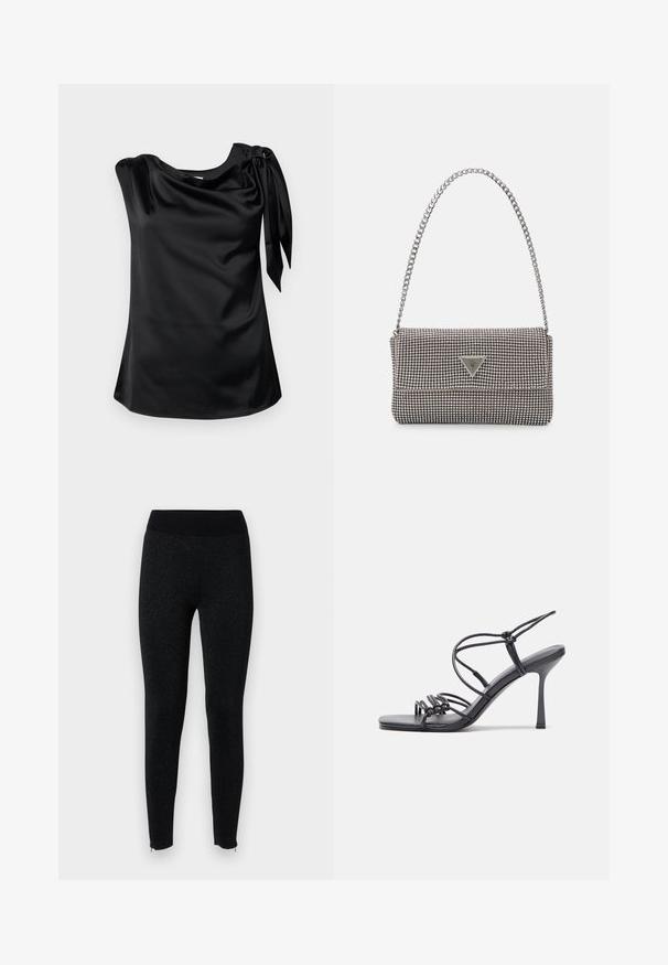 Modström KATJAMD TOP - Blúzka - black; Čierne legíny s rebrovaným pásom, vyrobené z textúrovanej tkaniny s jemným kovovým leskom, s zipsami na členkových lemách.; Čierne sandále na vysokom podpätku majú tenké remienky s uzlovým dizajnom, hladký štvorcový špičku a elegantný stiletto podpätok.; Svetlošedá metalická kabelka s reťazovým popruhom, ozdobená malými kruhovými kovovými štítkami a trojuholníkovým logom značky.; Strieborné kruhové náušnice s hladkým a lesklým povrchom. Okrúhly tvar, ľahký dizajn, s uzáverom na kolík.