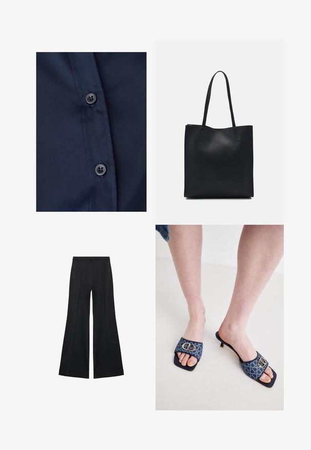 Tkanina námorníckej modrej košele s hladkým povrchom, obsahujúca dva tmavé gombíky na légii, predvádzajúca klasický dizajn s gombíkmi.; Čierne široké nohavice s hladkou textúrou, s prednými záhybmi a elegantným strihom. Materiál je ľahký a pruhlý.; Muly s modrou vzorovanou textíliou na zvršku, so zlatou prackou, štvorcovou špičkou a malým podpätkom.; Čierna kožená taška na rameno s hladkým povrchom, obdĺžnikovým tvarom a dvoma dlhými uchami. Bez viditeľného kovania alebo ozdôb.; Strieborné kruhové náušnice s hladkým, okrúhlym dizajnom a lesklým povrchom. Sú tenké a ľahké, s jednoduchým uzáverom.