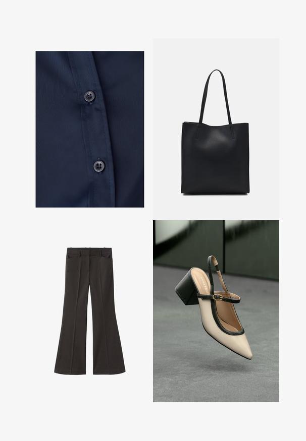 Tessuto della camicia blu navy con una trama liscia, caratterizzato da due bottoni scuri lungo la patta, che mostra un classico design a bottone.; Pantaloni neri a zampa d'elefante con vita alta; presentano due tasche frontali e una texture del tessuto liscia. Adatti per varie occasioni.; Scarpa beige con punta a stivale, con rifiniture nere, fibbia dorata e tacco a blocco spesso su un pavimento grigio con sfondo verde scuro.; Borsa tote in pelle nera con texture liscia, forma rettangolare e due manici lunghi. Nessun hardware o decorazione visibile.