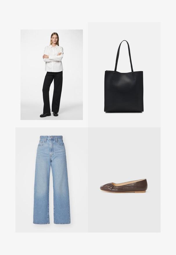 Biała koszula z kołnierzykiem i długimi rękawami, zestawiona z czarnymi spodniami o szerokich nogawkach oraz błyszczącymi czarnymi butami. Gładki materiał, luźny krój.; Jasnoniebieskie jeansy z wysokim stanem i szerokimi nogawkami, z zapięciem na guziki i zamek z przodu, przednie i tylne kieszenie, na białym tle.; Brązowe baleriny ze skóry, z okrągłym noskiem, marszczeniem z przodu i jasną, płaską podeszwą.; Czarna skórzana torba tote o gładkiej fakturze, prostokątnym kształcie i dwóch długich uchwytach. Brak widocznych elementów metalowych i ozdób.